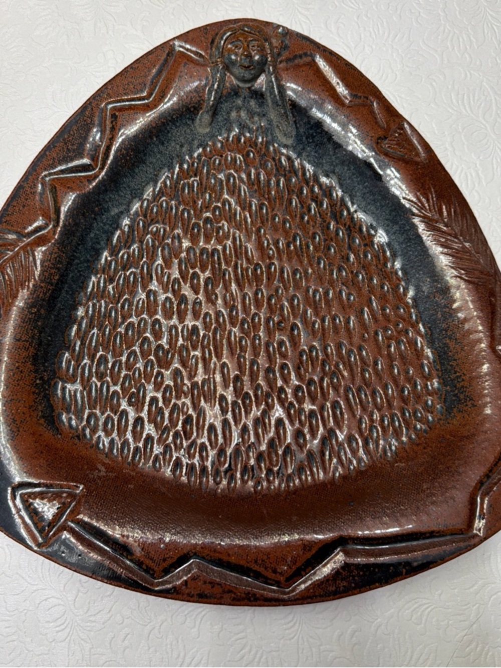 Pottery Bowl Footed North American Indian Motif Brown Signed L Adair 13”